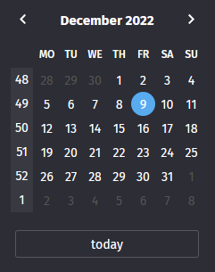 Screenshot zeigt die Datumsauswahl von Zammad mit aktivierten Kalenderwochen