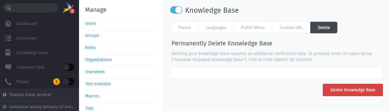 Knowledge Base: Löschen der Knowledge Base