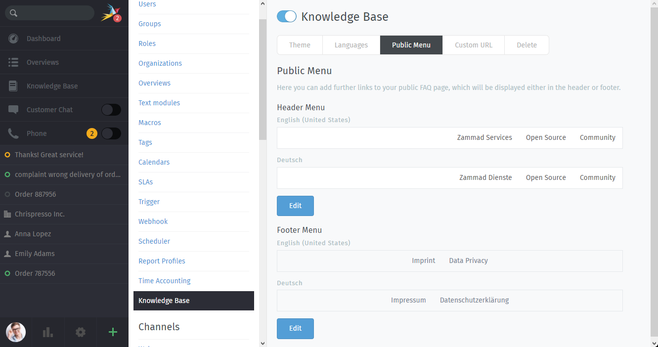 Knowledge Base: Öffentliches Menü konfigurieren