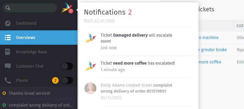 Screenshot mit zwei Benachrichtigungen: Eine bevorstehende Eskalation und ein eskaliertes Ticket